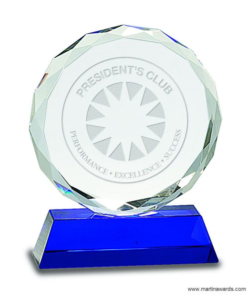 Round Facet Crystal on Blue Base Award