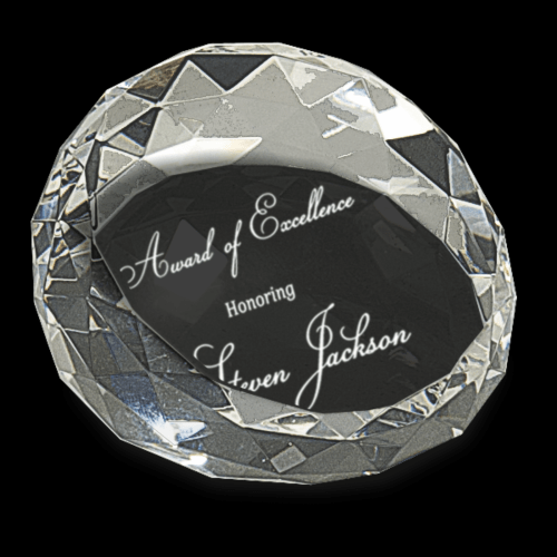 3 1/2" x 2" Clear Round Crystal Facet Paperweight