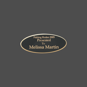 1 1/2" x 3 1/2" Oval Black Brass Metal Name Tag with Gold Border