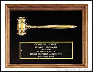 Plaque - Walnut Frame Gavel Plaques with Gold Tone Gavel- Velour Background